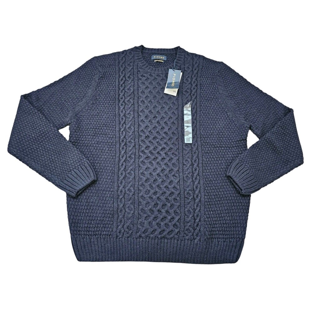 Mens XL Aran Cable Knit Sweater Navy Blue Pullover Jumper Quiet Luxury Piombo
